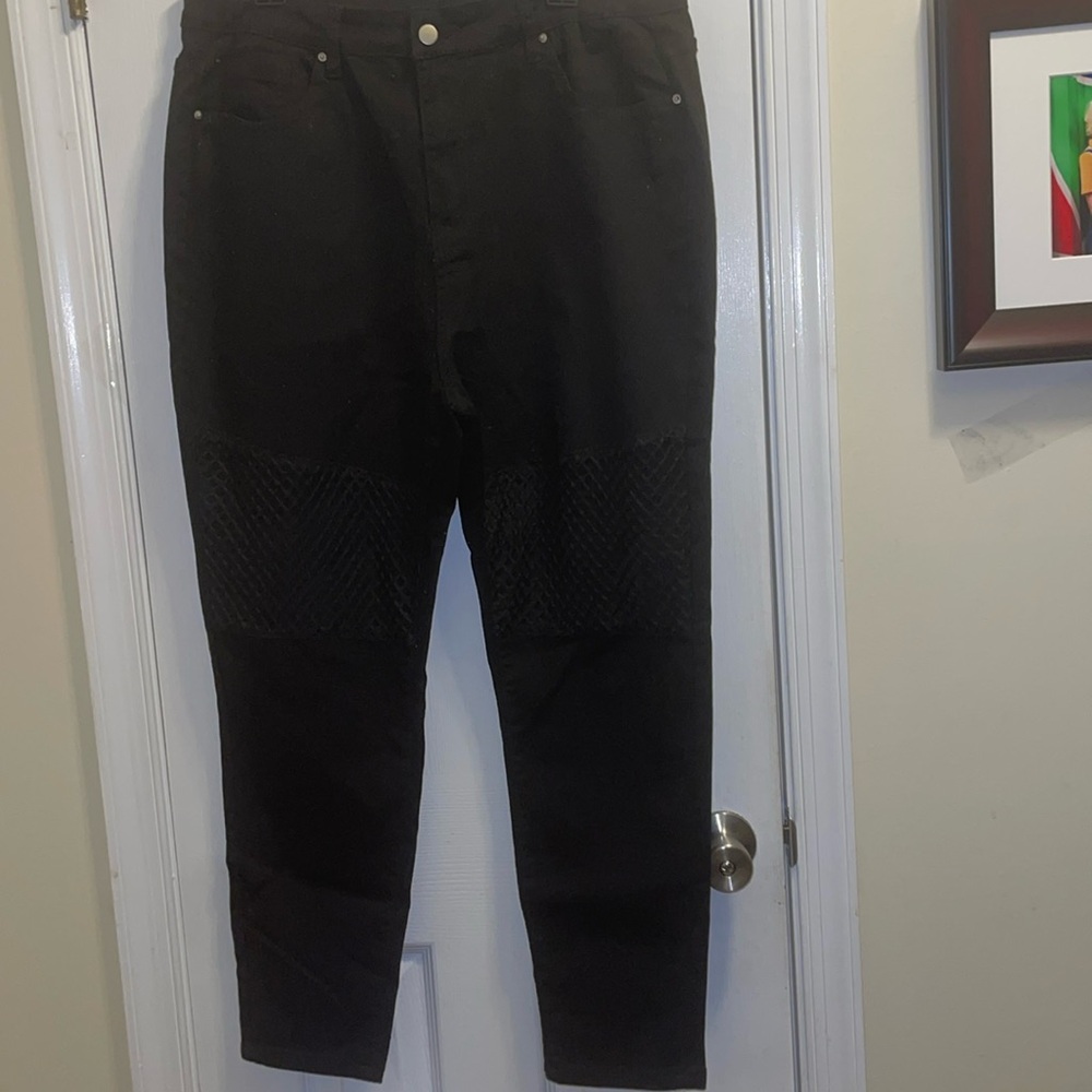 SHEIN Black Open Mesh Thighs to Knee Stretch 80% Cotton Jeans 3XL